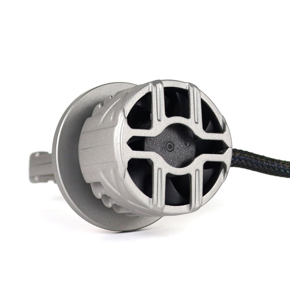 Rear view of SP Pro Series 130W H13 13000LM 6000K LED Headlight Bulb showing cooling fan and heat sink design for enhanced performance.