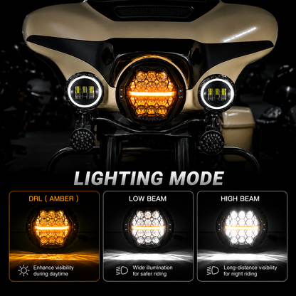 7-inch LED Black Powerful Harley Motorcycle Honeycomb Headlight | E-mark DOT