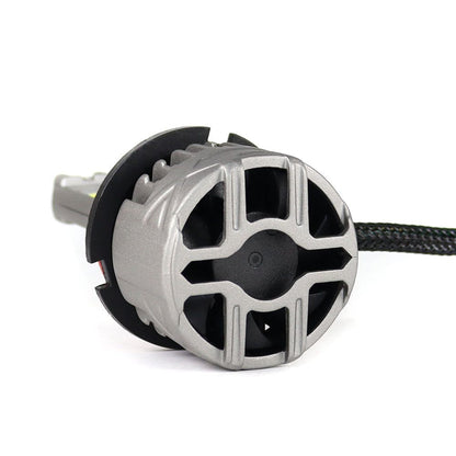 Rear view of SP Pro Series 130W 9004 13000LM 6000K LED Headlight Bulb showing heat sink and cooling fan for high-performance lighting upgrade.