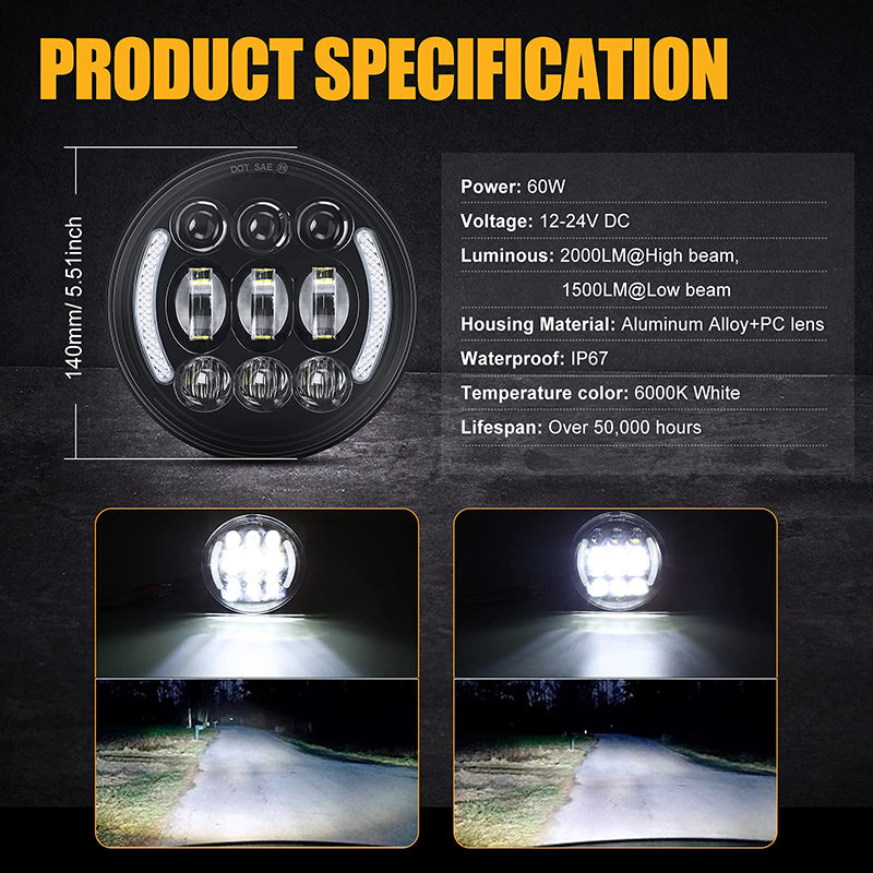 5.75 inch Motorcycle LED Headlights with DRL and Amber Turn Signal Lights