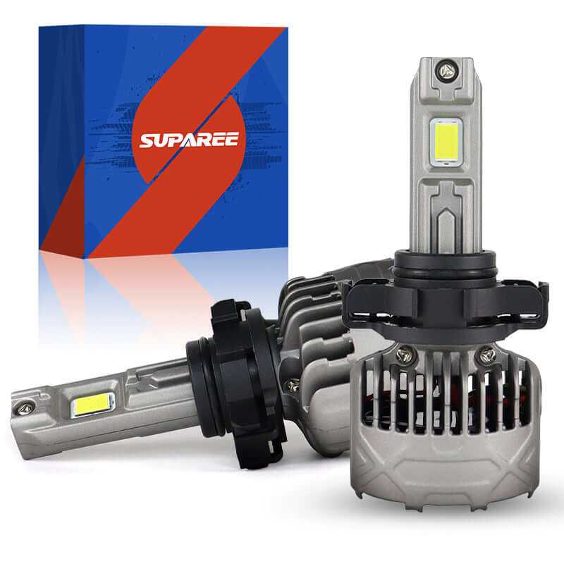 SP Pro Series 130W 5202 13000LM 6000K LED Headlight Bulbs with dual LED chips and cooling fans, shown with branded SUPAREE packaging.