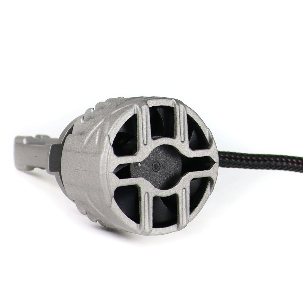 Rear view of SP Pro Series 130W 9006 13000LM 6000K LED Headlight Bulb showing cooling fan and braided power cable for efficient heat dissipation.