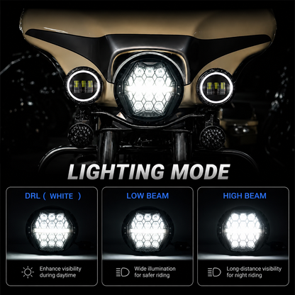 7-inch LED Black Powerful Harley Motorcycle Honeycomb Headlight | E-mark DOT