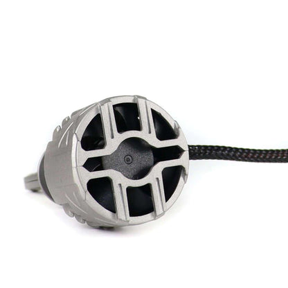 Close-up rear view of 130W H3 13000LM 6000K LED Headlight Bulb from SP Pro Series with cooling fan and braided power cable.