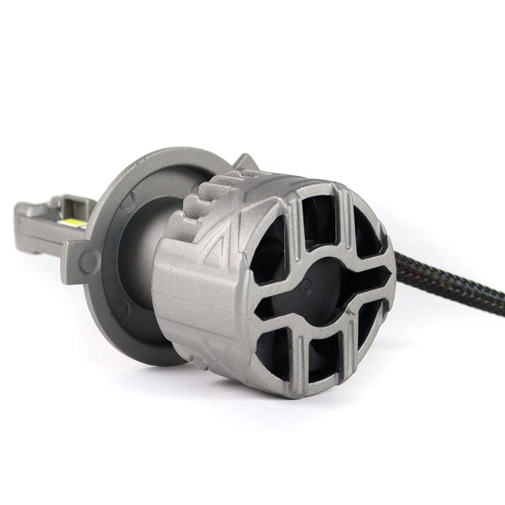 Close-up of SP Pro Series 130W H4 13000LM 6000K LED Headlight Bulb showing rear cooling fan design. Ideal for high-performance vehicle lighting upgrades.