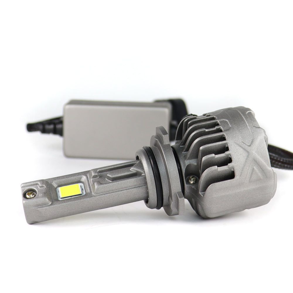 SP Pro Series 130W 9006 13000LM 6000K LED Headlight Bulb with cooling fan and compact design for high-performance vehicle lighting upgrades.