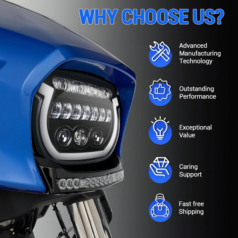 2023+ Harley Street Glide with a 7″ LED headlight featuring blue breathing light and matching visor