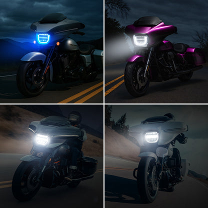 2023+ Harley Street Glide with a 7″ LED headlight featuring blue breathing light and matching visor