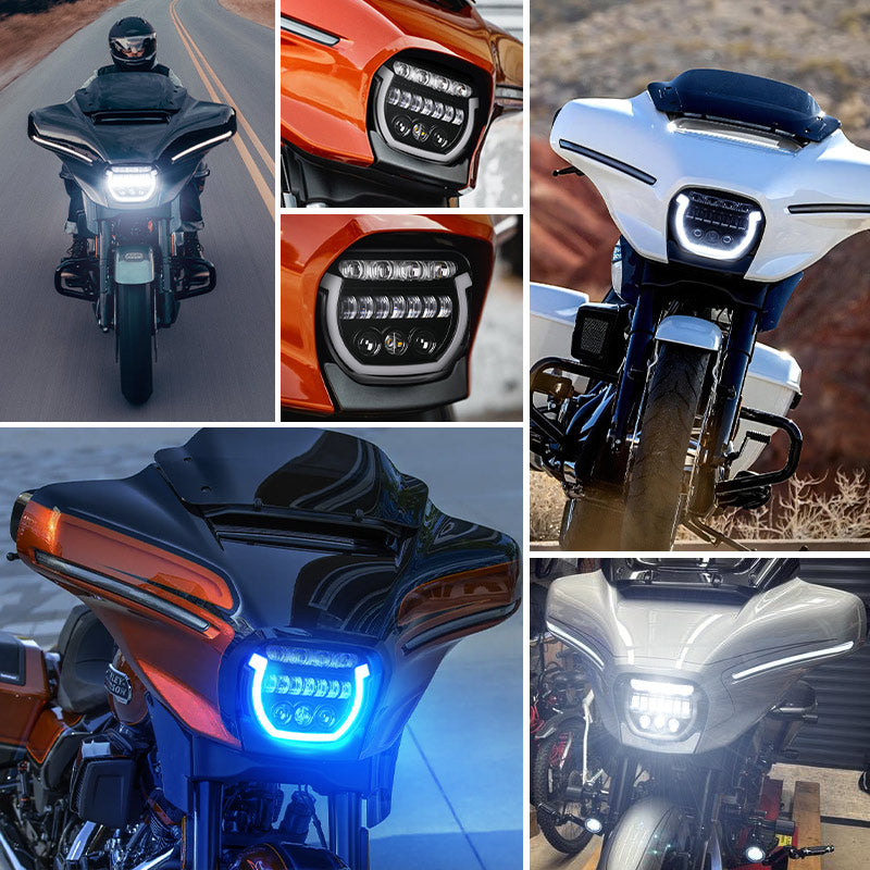 2023+ Harley Street Glide with a 7″ LED headlight featuring blue breathing light and matching visor