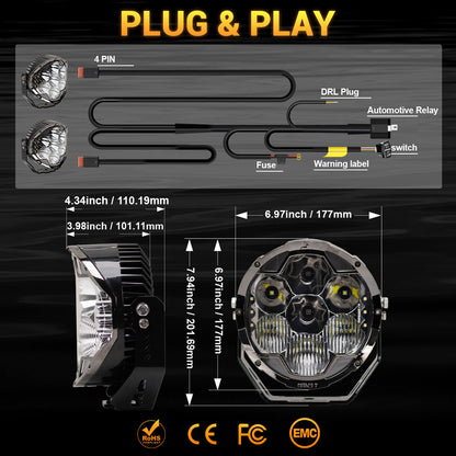 Helm 7" LED Pod Lights for Off-Road – 217° Ultra-Wide Beam 2030ft Range