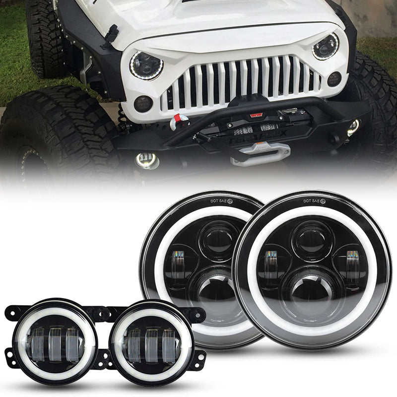 7 inch 80W Jeep Headlights With Angel Eyes & 4'' 30W Cree LED Halo Fog Light - LED Factory Mart