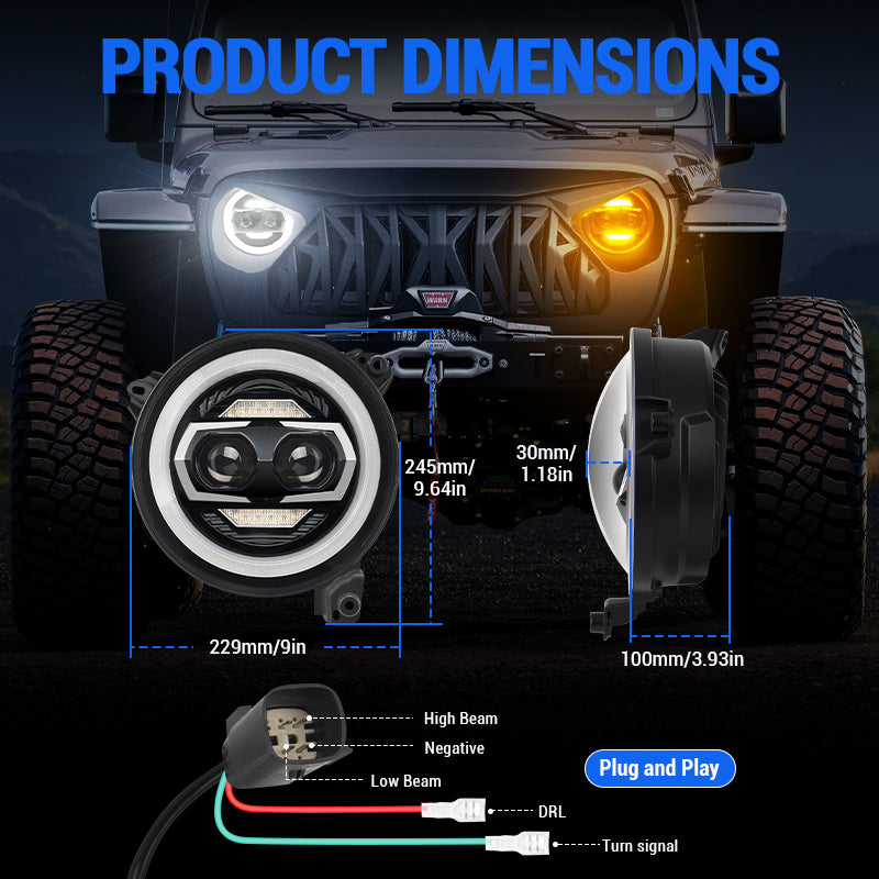 9 inch LED headlight with white DRL and amber turn signals for Jeep Wrangler JL & Gladiator JT