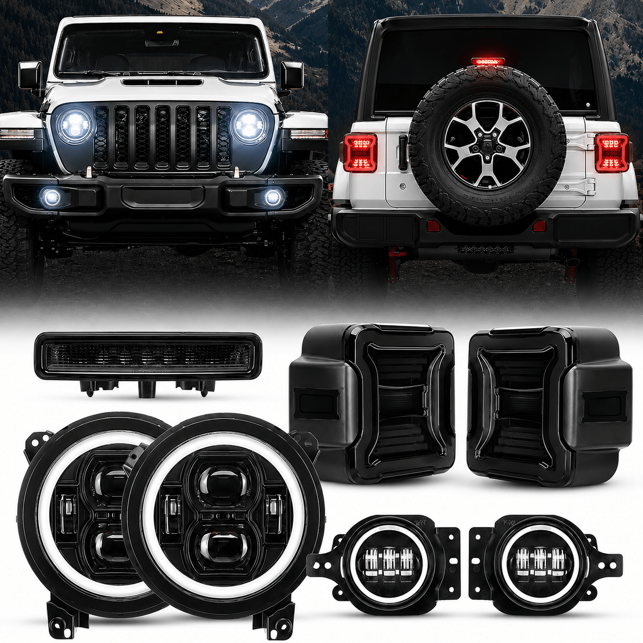 JL Mega Bundle - 9 Inch LED Halo Headlights with Turn Signals, Fogs, Tail Lights, Brake Lights For Jeep Wrangler JL