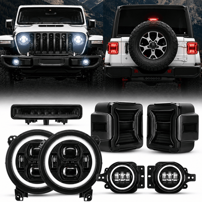 JL Mega Bundle - 9 Inch LED Halo Headlights with Turn Signals, Fogs, Tail Lights, Brake Lights For Jeep Wrangler JL