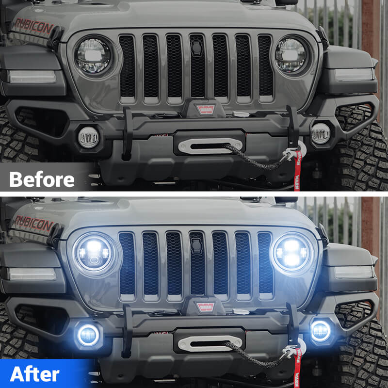 JL Mega Bundle - Faros delanteros LED Halo de 9 pulgadas con señales de giro, antiniebla, luces traseras, luces de freno para Jeep Wrangler JL