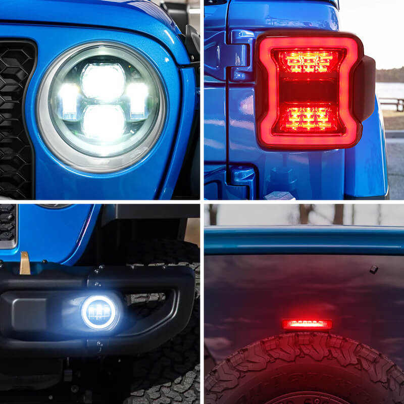 JL Mega Bundle - Faros delanteros LED Halo de 9 pulgadas con señales de giro, antiniebla, luces traseras, luces de freno para Jeep Wrangler JL