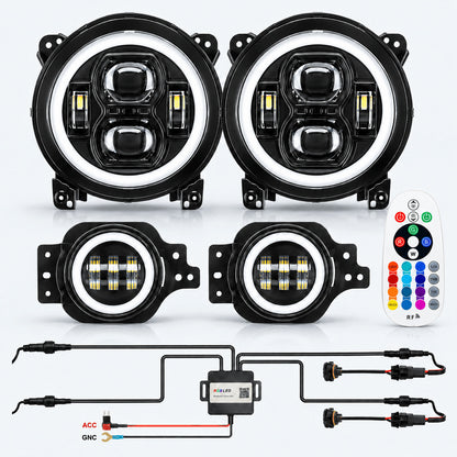 Multi-Function 9" RGBW LED Headlights & Fog Lights for 2018–2026 Wrangler JL/JLU & 2020–2026 Gladiator JT
