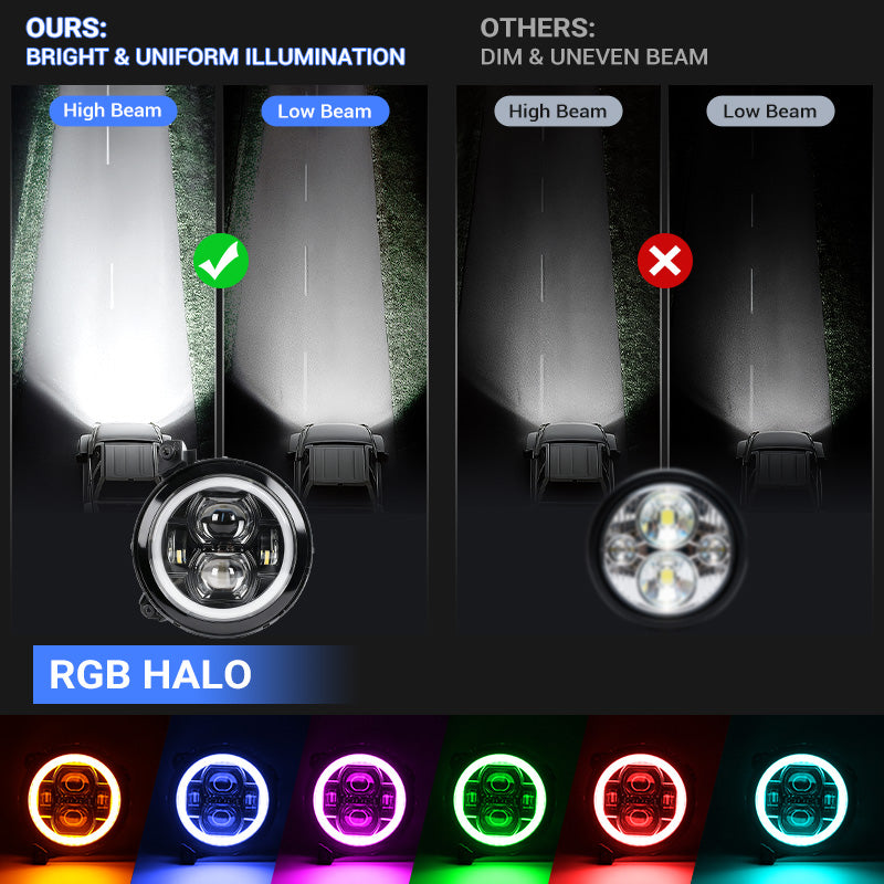 Faros delanteros LED RGBW multifunción de 9" y luces antiniebla RGBW para Jeep JL y JT 2018-2024