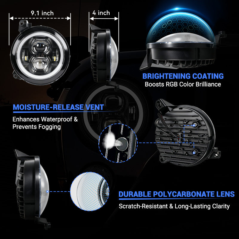 Faros delanteros LED RGBW multifunción de 9" y luces antiniebla RGBW para Jeep JL y JT 2018-2024