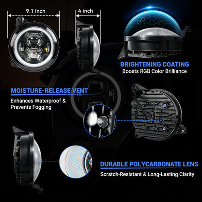 Faros delanteros LED RGBW multifunción de 9" y luces antiniebla RGBW para Jeep JL y JT 2018-2024
