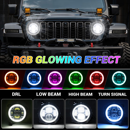 9" LED RGB Jeep Headlights with White Halo for 2018-2025 Wrangler JL & Gladiator JT