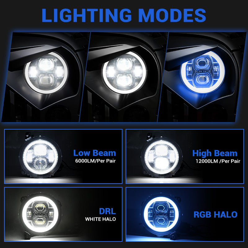 JT Aurora Bundle - 9" LED RGB Halo Headlights, RGB Fogs, Tail Lights For Jeep Gladiator JT