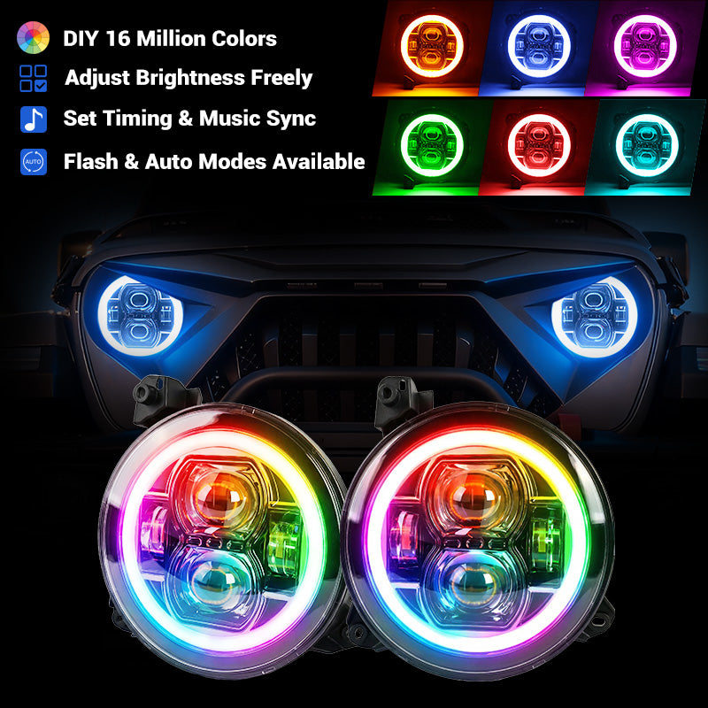 Faros delanteros LED RGBW multifunción de 9" y luces antiniebla RGBW para Jeep JL y JT 2018-2024