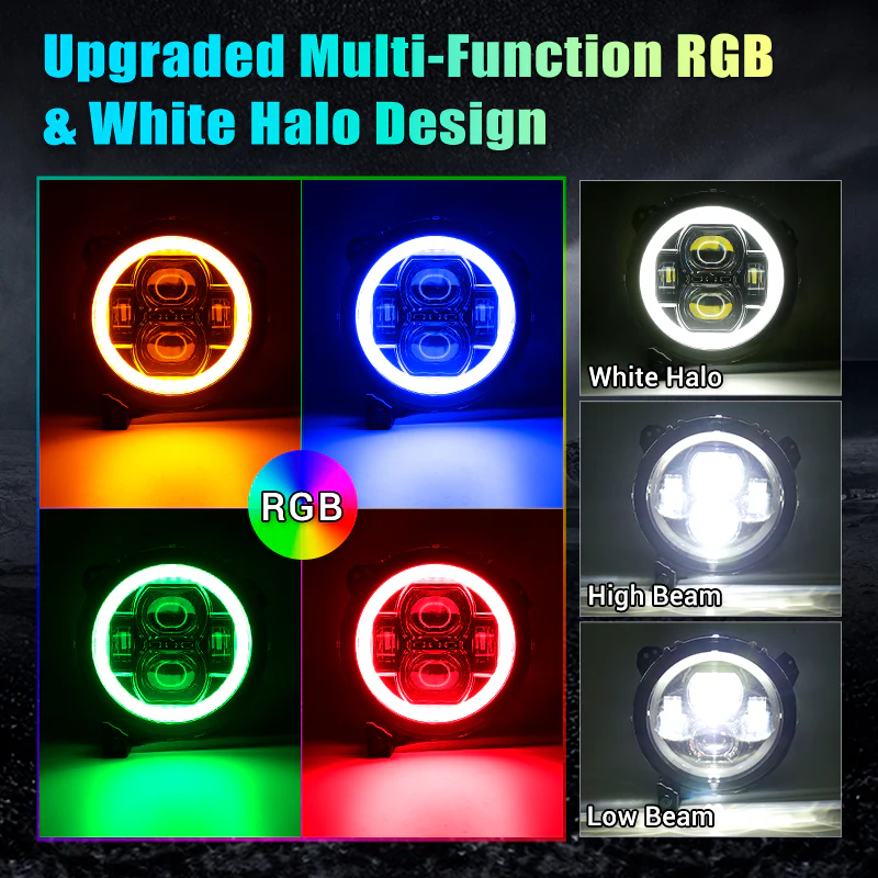 JL Mega Bundle - 9 Inch LED RGB Halo Headlights, RGB Fogs, Tail Lights, Brake Lights For Jeep Wrangler JL