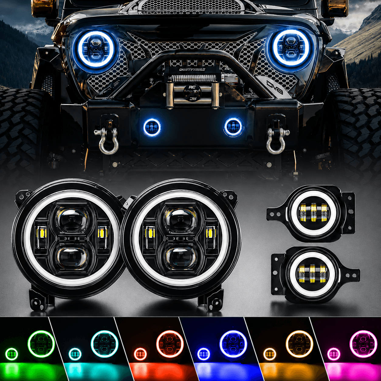 Multi-function 9" LED RGBW Headlights & RGBW Fog Lights for 2018+ Jeep JL and JT