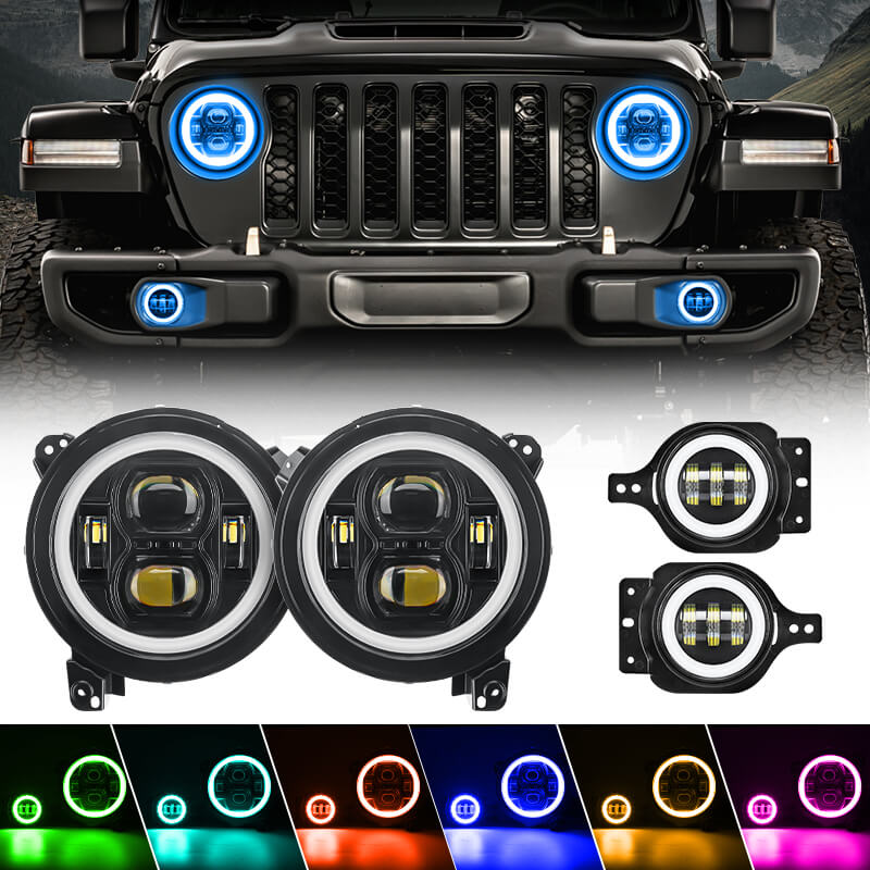 Faros delanteros LED RGBW multifunción de 9" y luces antiniebla RGBW para Jeep JL y JT 2018-2024
