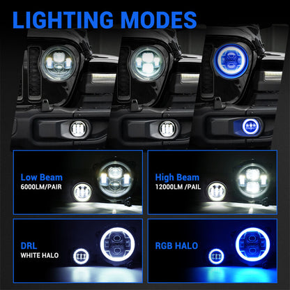 Multi-function 9" LED RGBW Headlights & RGBW Fog Lights for 2018-2025 Jeep JL and JT