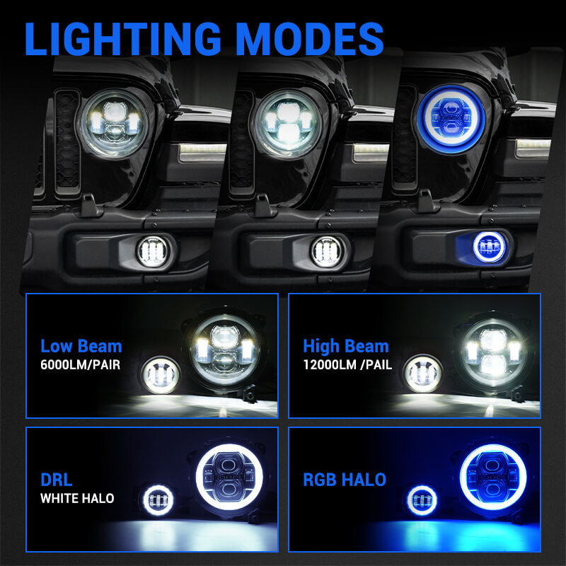 Multi-function 9" LED RGBW Headlights & RGBW Fog Lights for 2018-2025 Jeep JL and JT
