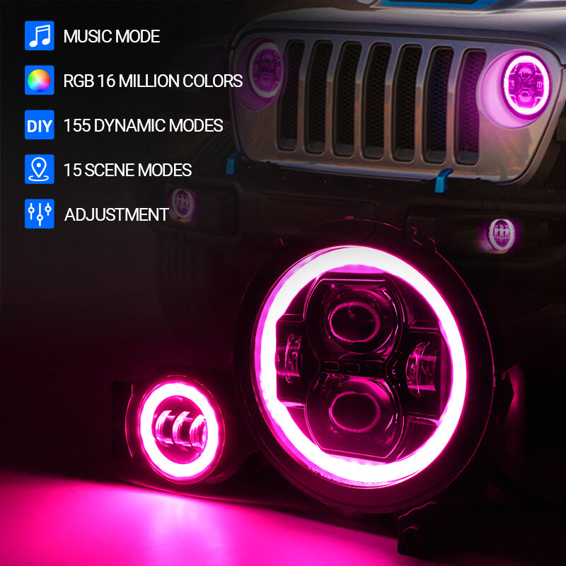 Multi-function 9" LED RGBW Headlights & RGBW Fog Lights for 2018-2025 Jeep JL and JT