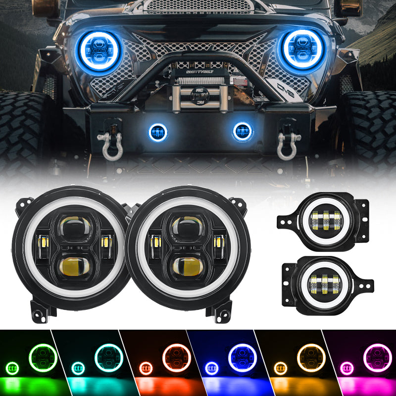 Multi-function 9" LED RGBW Headlights & RGBW Fog Lights for 2018-2025 Jeep JL and JT