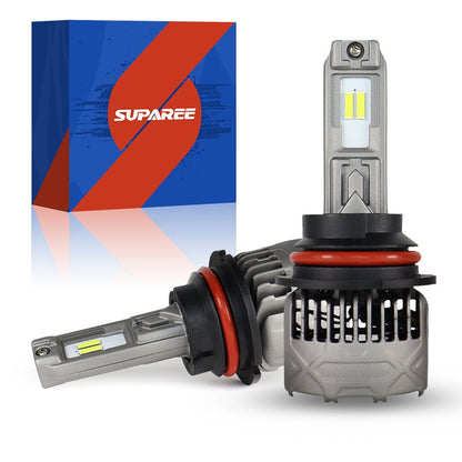 SP Pro Series 130W 9004 13000LM 6000K LED Headlight Bulbs with dual-beam design and cooling fan, shown with branded SUPAREE box.