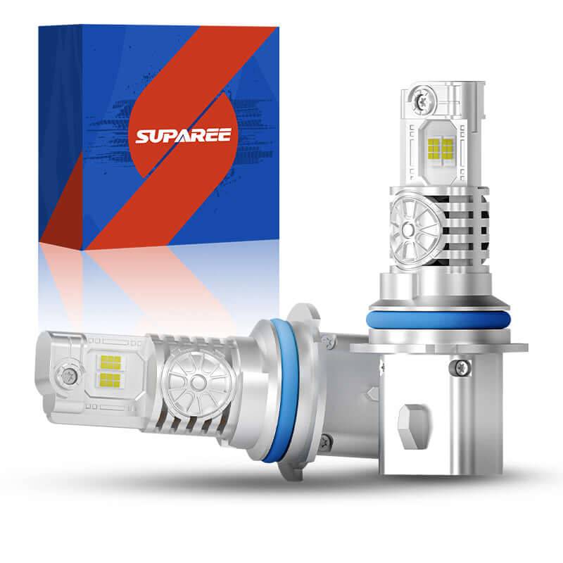 SP Air Series 60W 9007 7000LM 6000K LED Headlight Bulbs with dual-beam design and cooling fan, shown with branded SUPAREE packaging. Ideal for vehicle lighting upgrades.