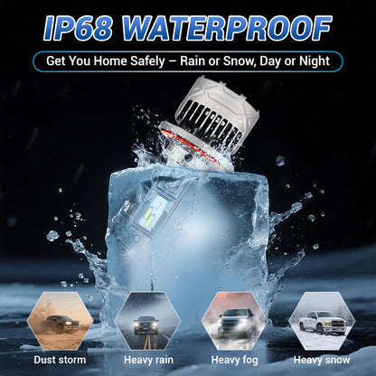 SP Air Series 60W H8 LED Headlight Bulbs with IP68 waterproof rating, reliable in dust, rain, fog, and snow for all-weather driving.