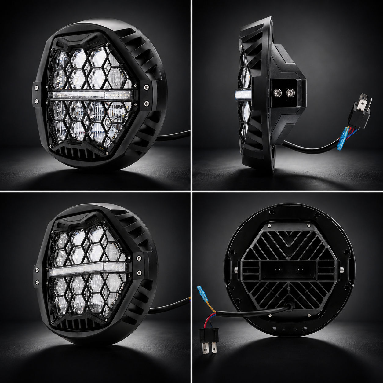 7-inch LED Black Powerful Harley Motorcycle Honeycomb Headlight | E-mark DOT