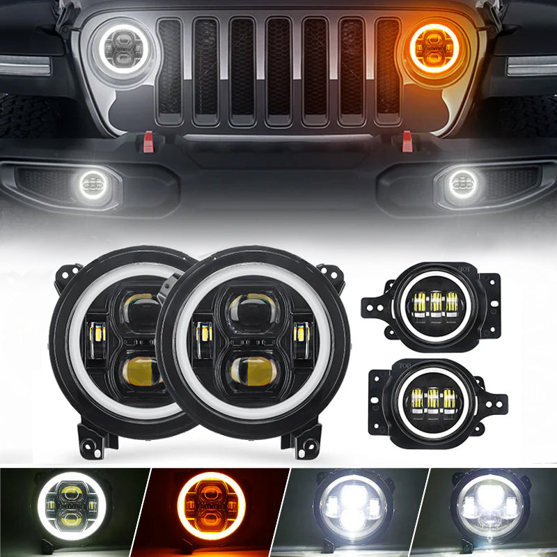 9" Halo LED Headlights & Amber Turn Signals & LED Halo Fog Lights For 2018-Later Jeep Wrangler