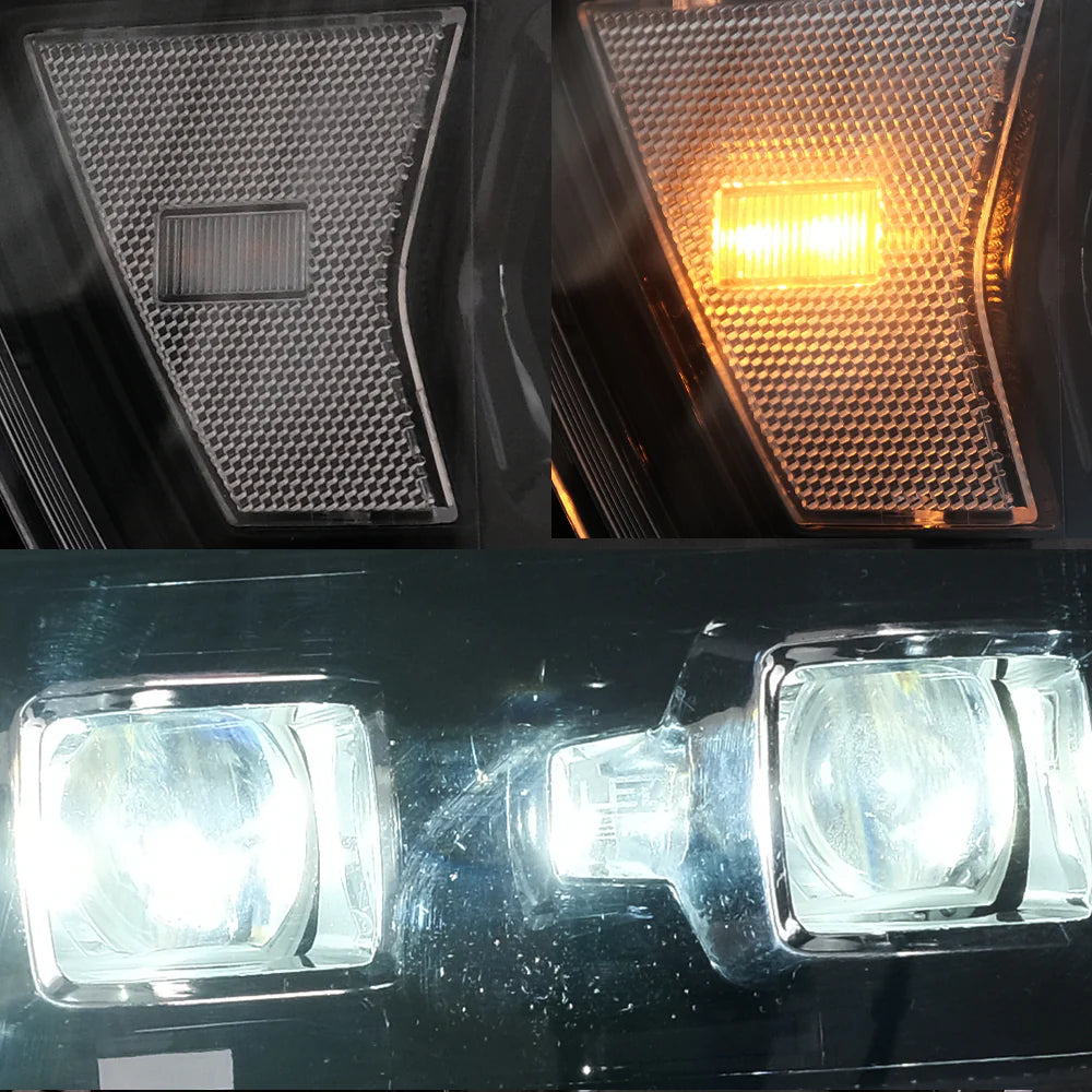 Detail of the amber LED matrix projector headlamps for the Dodge RAM