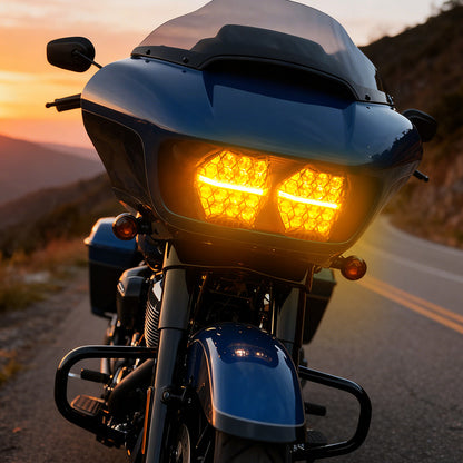 Amber DRL Honeycomb LED Dual Headlights for 2015-2024 Harley-Davidson Road Glide