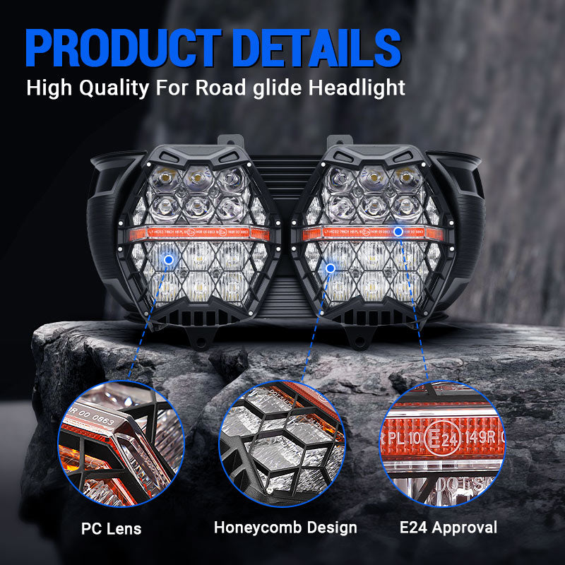Amber DRL Honeycomb LED Dual Headlights for 2015-2024 Harley-Davidson Road Glide
