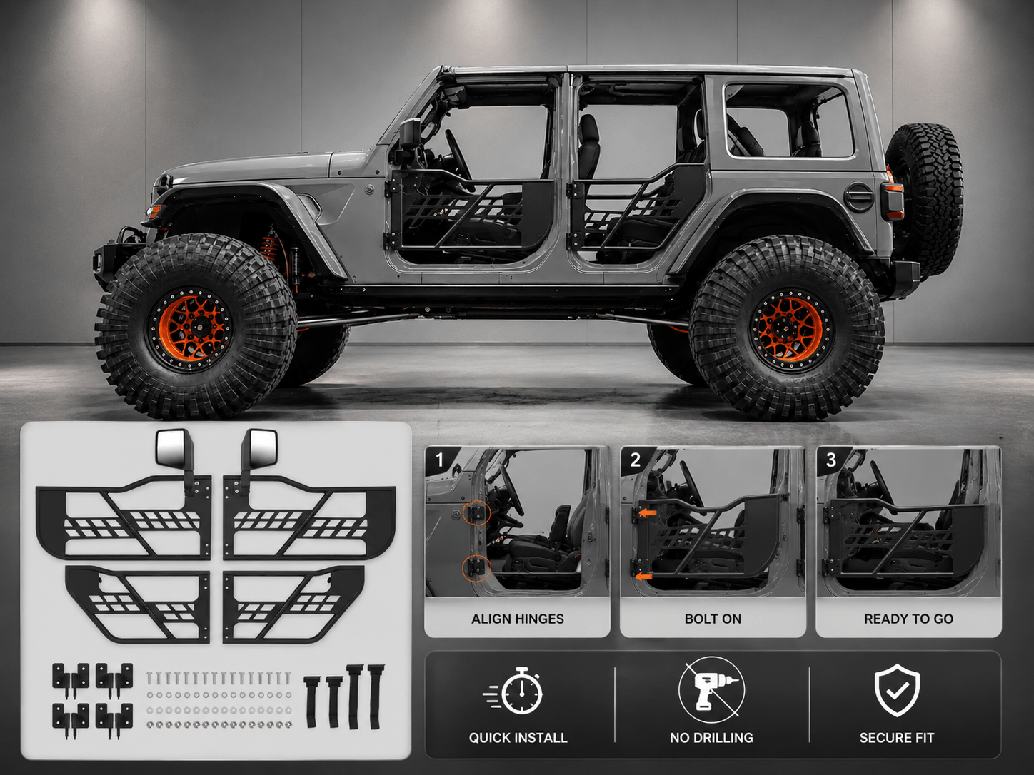 Beast Style Tubular Door with Side View Mirror for 2018-Later Wrangler JL and Gladiator JT
