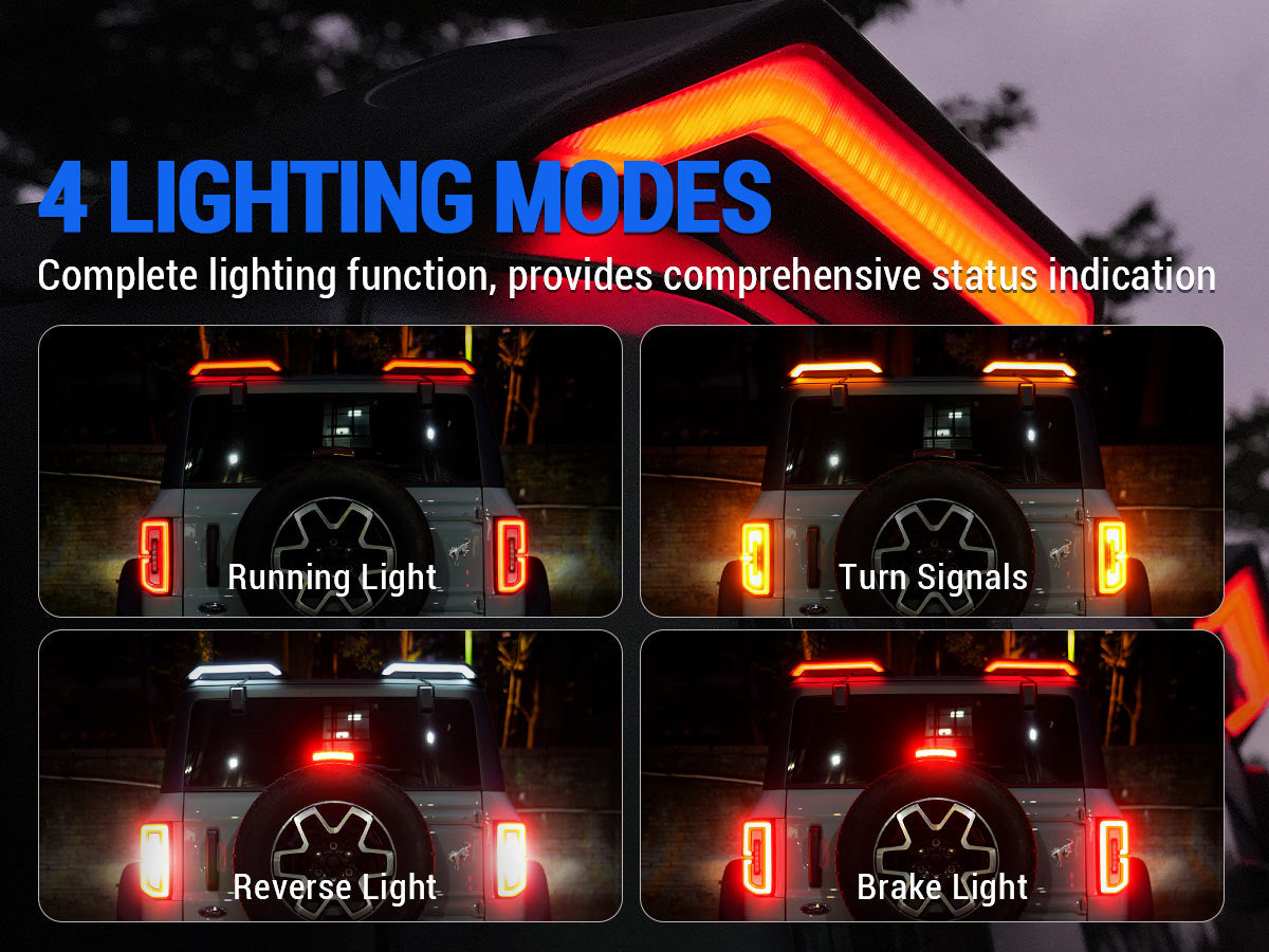 Ford Bronco tail lights showing 4 lighting modes: running light, turn signal, reverse light, and brake light, providing full rear lighting functionality and clear status indication at night.