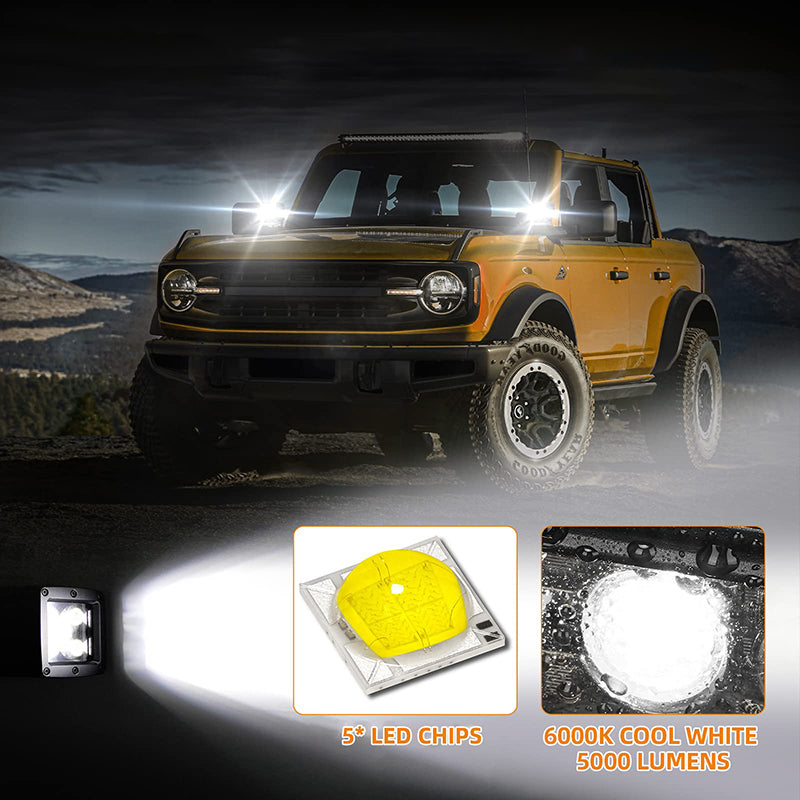 25W LED Work Lights with A-Pillar Mounting Brackets for Ford Bronco