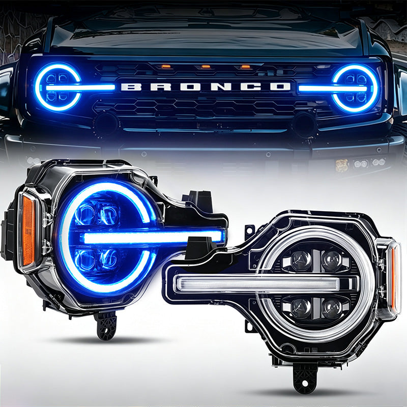 4 Grid LED Headlights with RGB+White Halo for 2021-2026 Ford Bronco