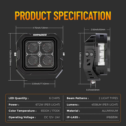 5-Inch White + Amber Dual-Mode A-Pillar Ditch LED Off Road Lights for Jeep Wrangler JK