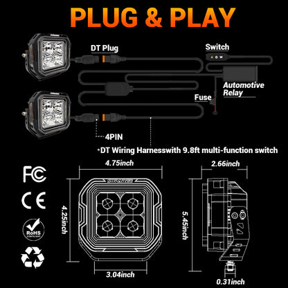 5-Inch LED Off-Road Lights White + Amber Dual-Mode for Jeep Wrangler JL/JT