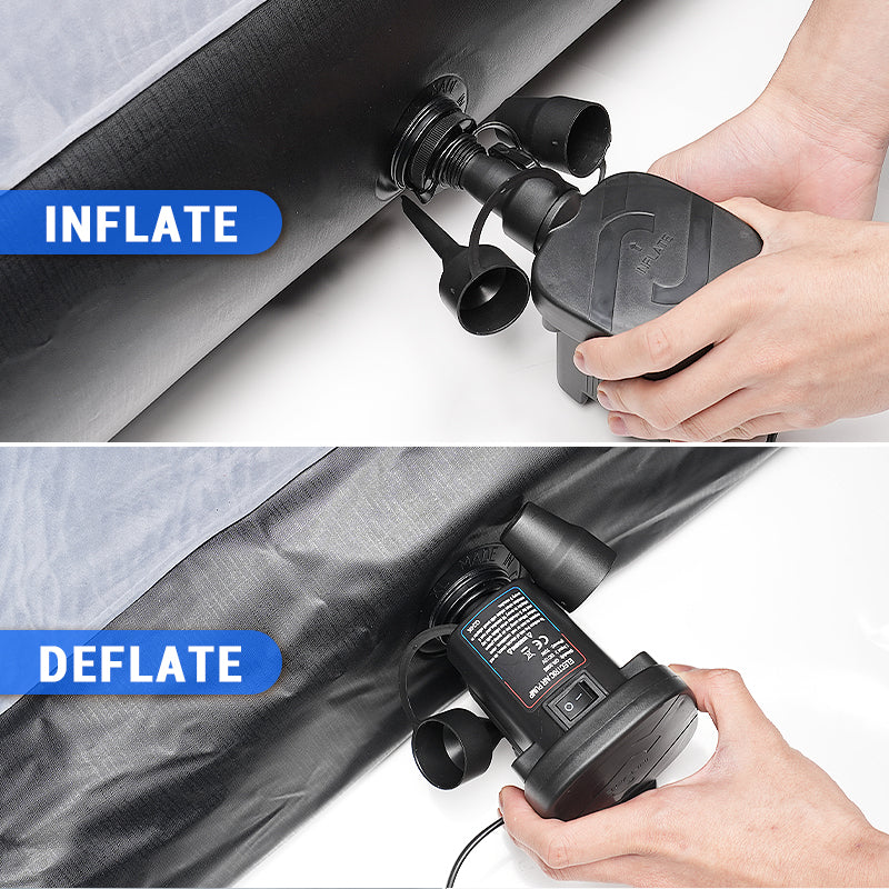 Close-up of inflating and deflating process for Truck Bed Air Mattress - Tundra Fit using electric pump. Designed for 2000-2025 Toyota Tundra 5.5FT beds.