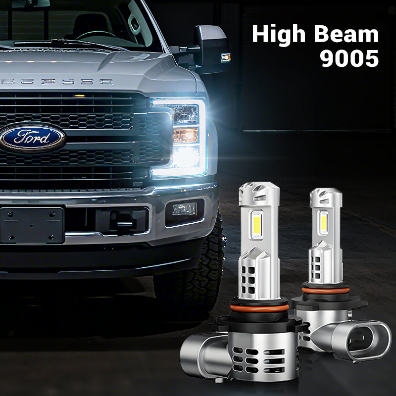 High Beam 9005 Fit For 2020-2025 Ford F250 LED Headlight Bulbs shown on a Ford truck, delivering powerful illumination for long-range visibility.
